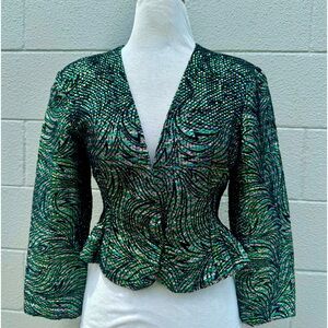 Vtg Black Colorful Metallic Swirl Jacquard  Peplum Jacket Blazer S/M Handmade